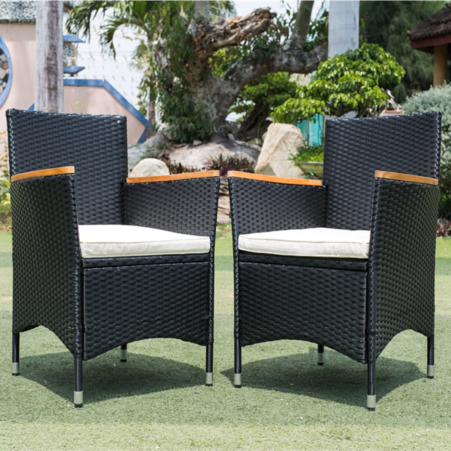7 Piece Outdoor Patio Wicker Dining Set Patio Wicker Furniture Dining Set - Black / Cream