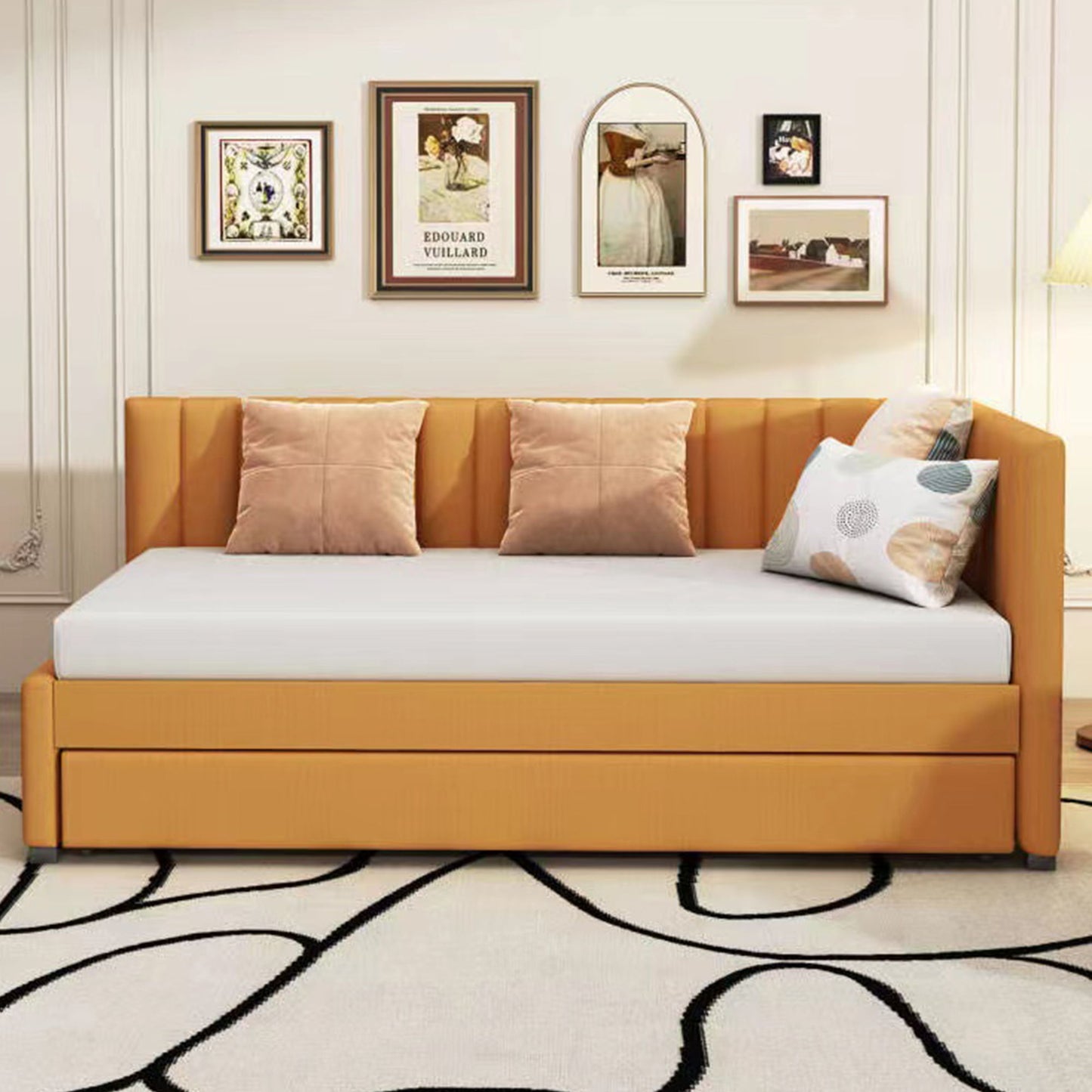 Upholstered Daybed With Trundle Twin Size Sofa Bed Frame No Box Spring Needed, Linen - Yellow