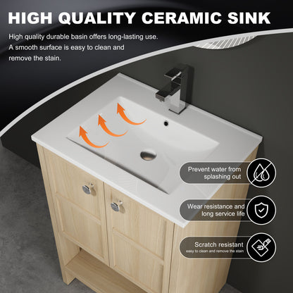 Modern 24" Freestanding Bathroom Vanity With Ceramic Sink And Soft Closing Doors - Oak