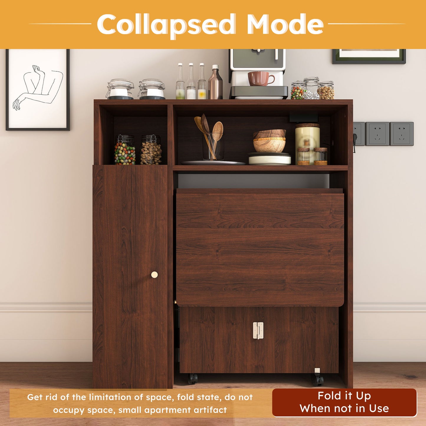 Multifunctional Folding Dining Table With Wall Mounted Sideboard & Storage - Walnut