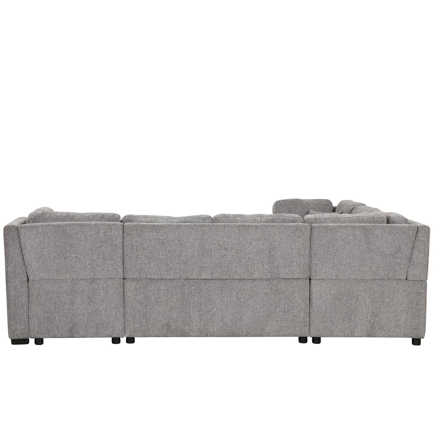 U-Shaped Sectional Sofa Pull Out Sofa Bed With Two USB Ports, Two Power Sockets, Three Back Pillows And A Storage Chaise For Living Room - Light Gray