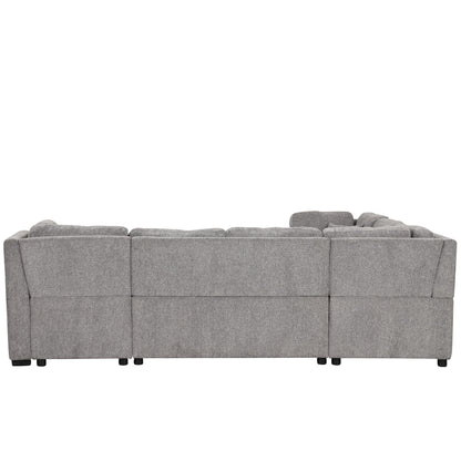 U-Shaped Sectional Sofa Pull Out Sofa Bed With Two USB Ports, Two Power Sockets, Three Back Pillows And A Storage Chaise For Living Room - Light Gray