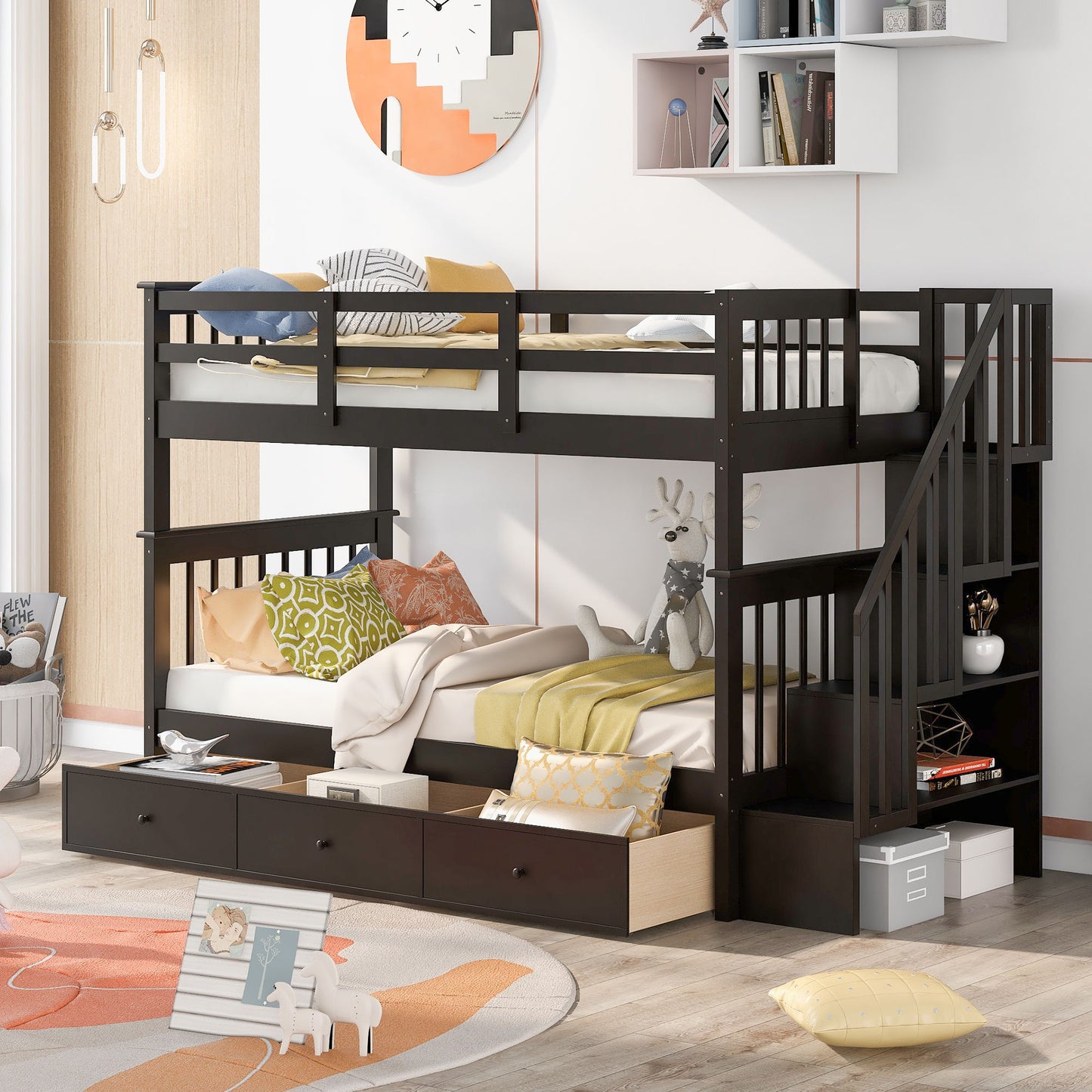 Stairway Twin Over Twin Bunk Bed With Three Drawers For Bedroom - Espresso