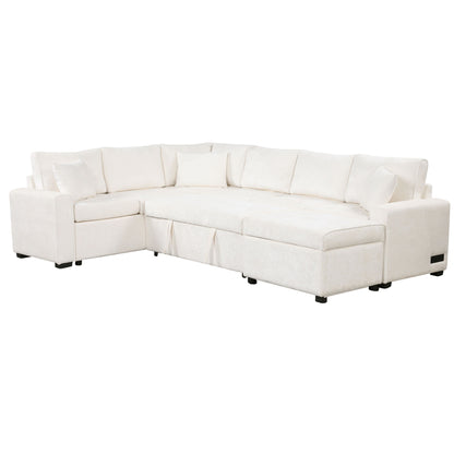 Sectional Sofa Pull-Out Sofa Bed Sleeper With A Storage Ottoman, Three Pillows And Charging Devices For Living Room - Cream