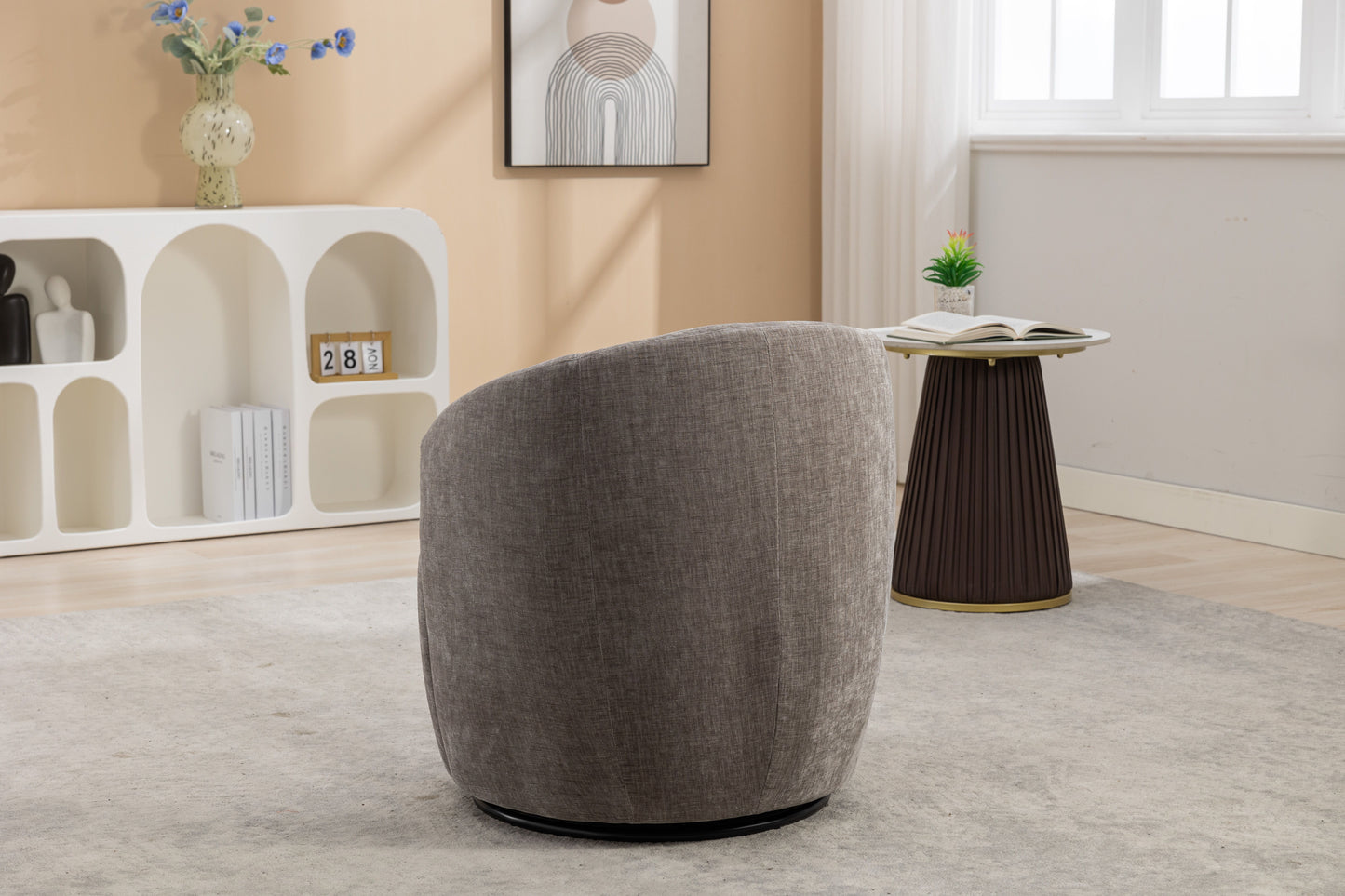 Chenille Fabric Swivel Accent Armchair Barrel Chair With Black Powder Coating Metal Ring - Gray