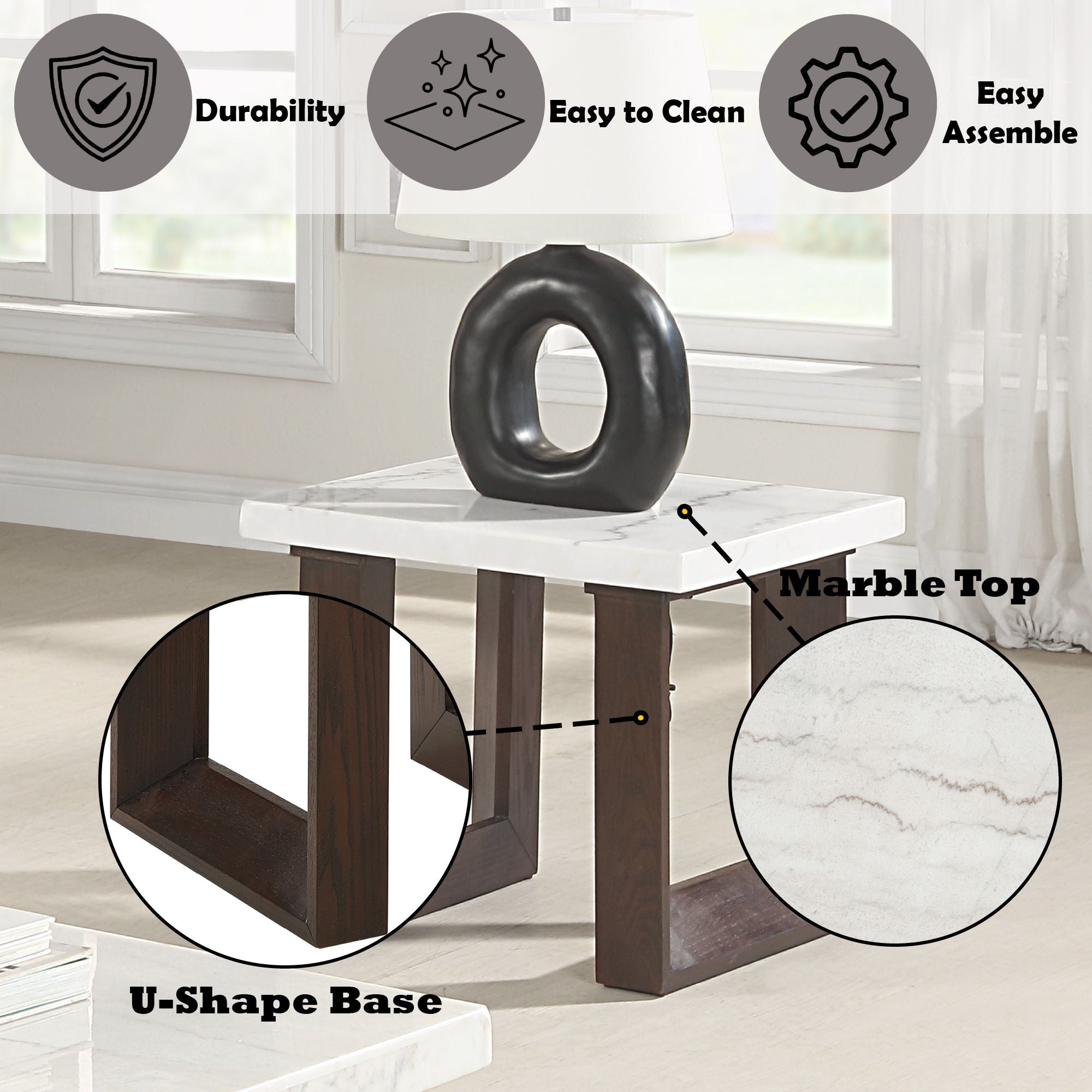 Edwyn - Natural Marble Top End Table - White