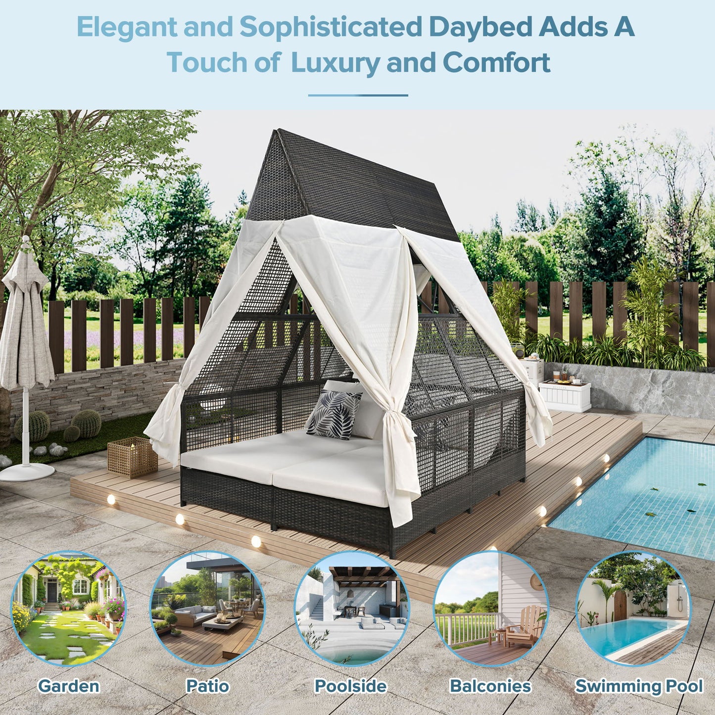 Outdoor Daybed Patio Lounge Bed With Adjustable Backrest Double Sun Lounger With Curtains, 4 Pillows For Garden Patio Poolside Balcony Beach - Cream