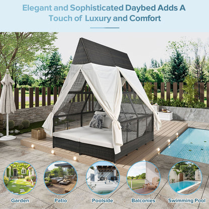 Outdoor Daybed Patio Lounge Bed With Adjustable Backrest Double Sun Lounger With Curtains, 4 Pillows For Garden Patio Poolside Balcony Beach - Cream