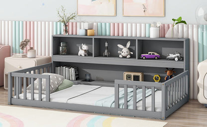 Twin Floor Bed With Bedside Bookcase, Shelves, Guardrails - Gray