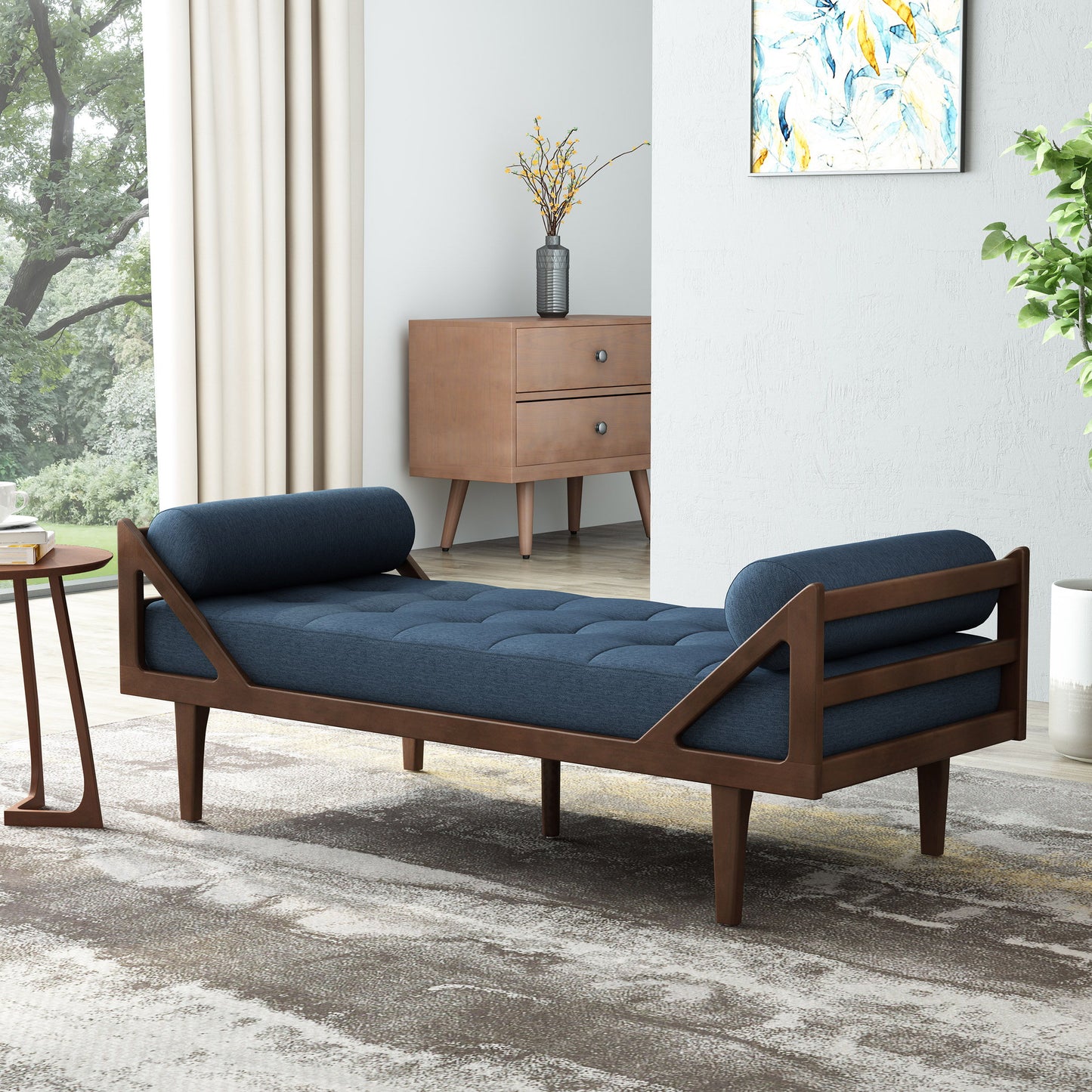 Chic Contemporary Chaise Lounge With Button Tufting And Bentwood Structure - Navy Blue