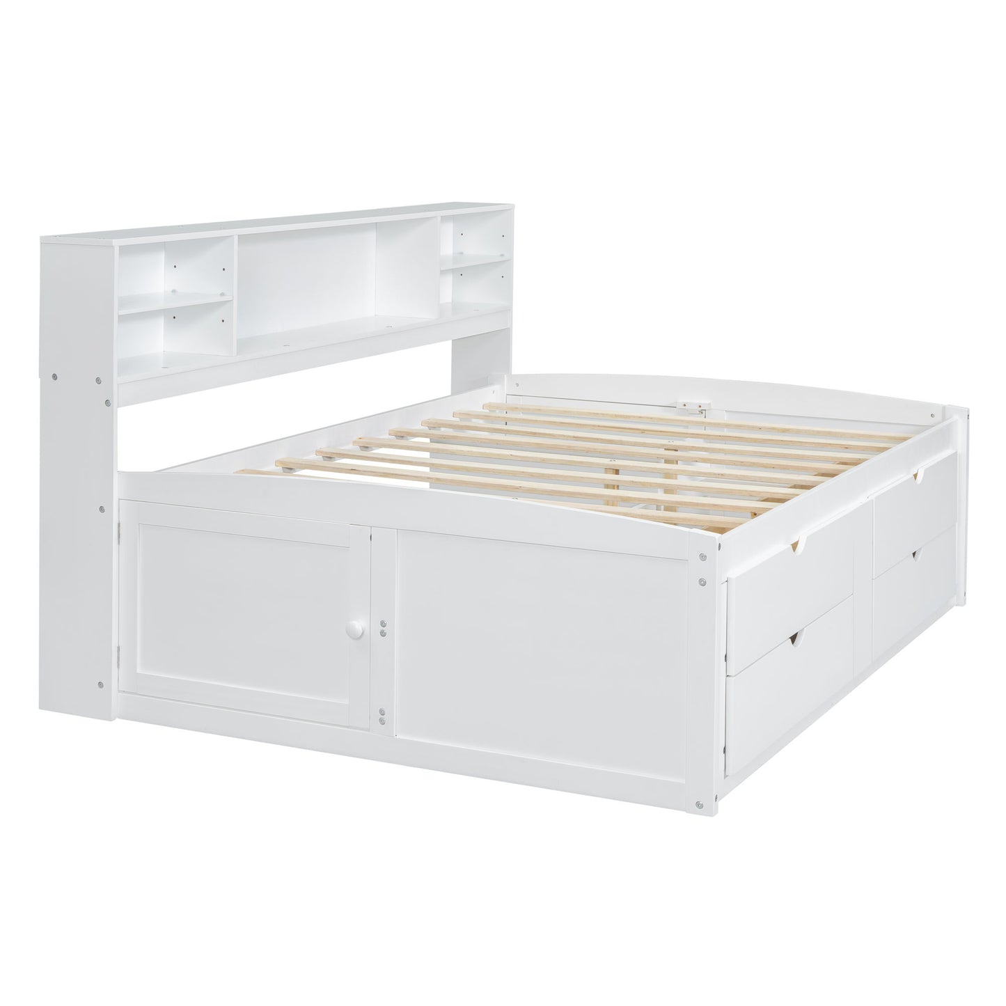 Full Size Daybed With 2 Bedside Cabinets, Upper Shelves And 4 Drawers - White
