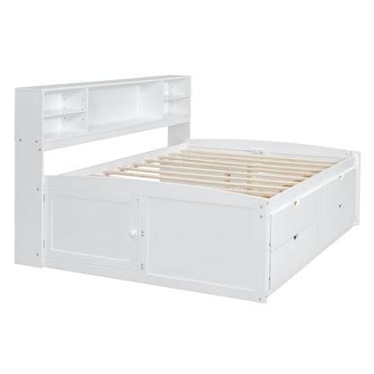 Full Size Daybed With 2 Bedside Cabinets, Upper Shelves And 4 Drawers - White