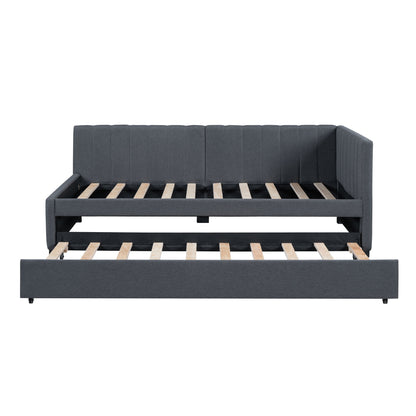 Upholstered Daybed With Trundle Twin Size Sofa Bed Frame No Box Spring Needed, Linen - Gray
