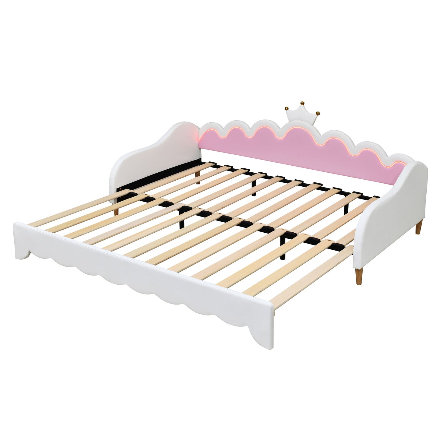 Twin Extending Daybed With LED Lights, Modern Upholstered Princess Daybed With Crown Headboard - White