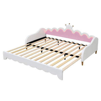 Twin Extending Daybed With LED Lights, Modern Upholstered Princess Daybed With Crown Headboard - White