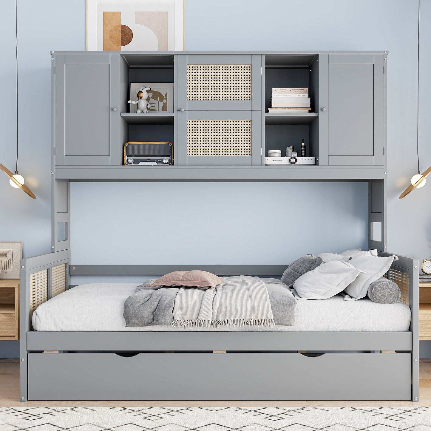 Twin Size Wooden Daybed With Twin Size Trundle, And All In One Cabinet And Shelf - Gray
