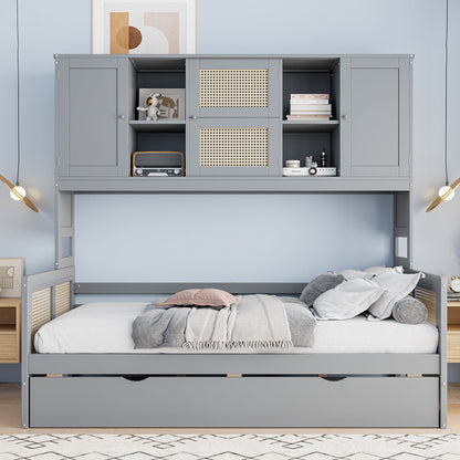 Twin Size Wooden Daybed With Twin Size Trundle, And All In One Cabinet And Shelf - Gray