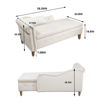 Chaise Lounge Indoor, Velvet Lounge Chair For Bedroom With Storage & Pillow, Modern Upholstered Rolled Arm Chase Lounge For Sleeping With Nailhead Trim For Living Room Bedroom Office - Beige