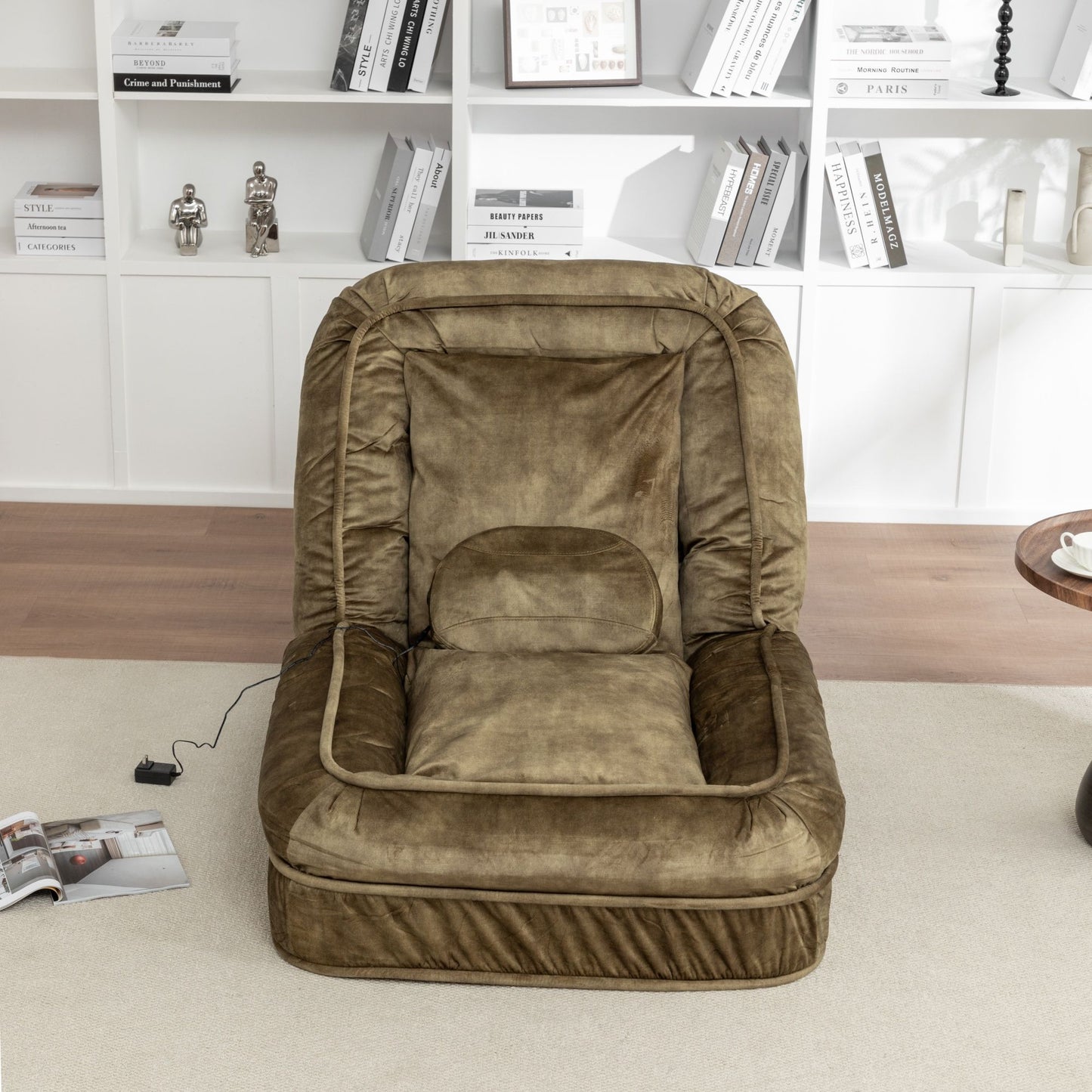 Upholstered Human Dog Bed And Pets Bean Bag Floor Sofa With Massage Pillow, 5 Adjustable Positions & 2 Soft Pillows Velvet With Foam And Iron Plastic Frame - Green