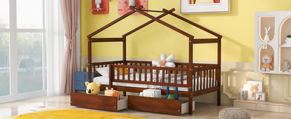 Twin Size House Bed With 2 Drawers - Walnut