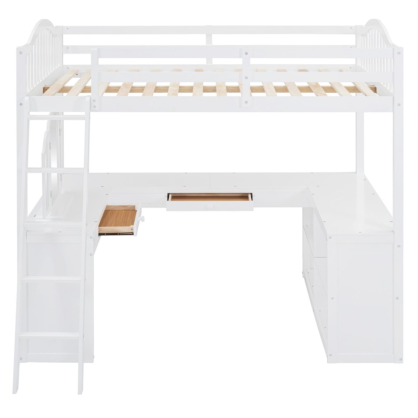 Full Loft Bed With U Shaped Desk, Storage Compartments And Tri Fold Mirror - White