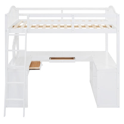 Full Loft Bed With U Shaped Desk, Storage Compartments And Tri Fold Mirror - White