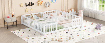 Double Twin Floor Bed With Fence, Guardrails, Without Door - White
