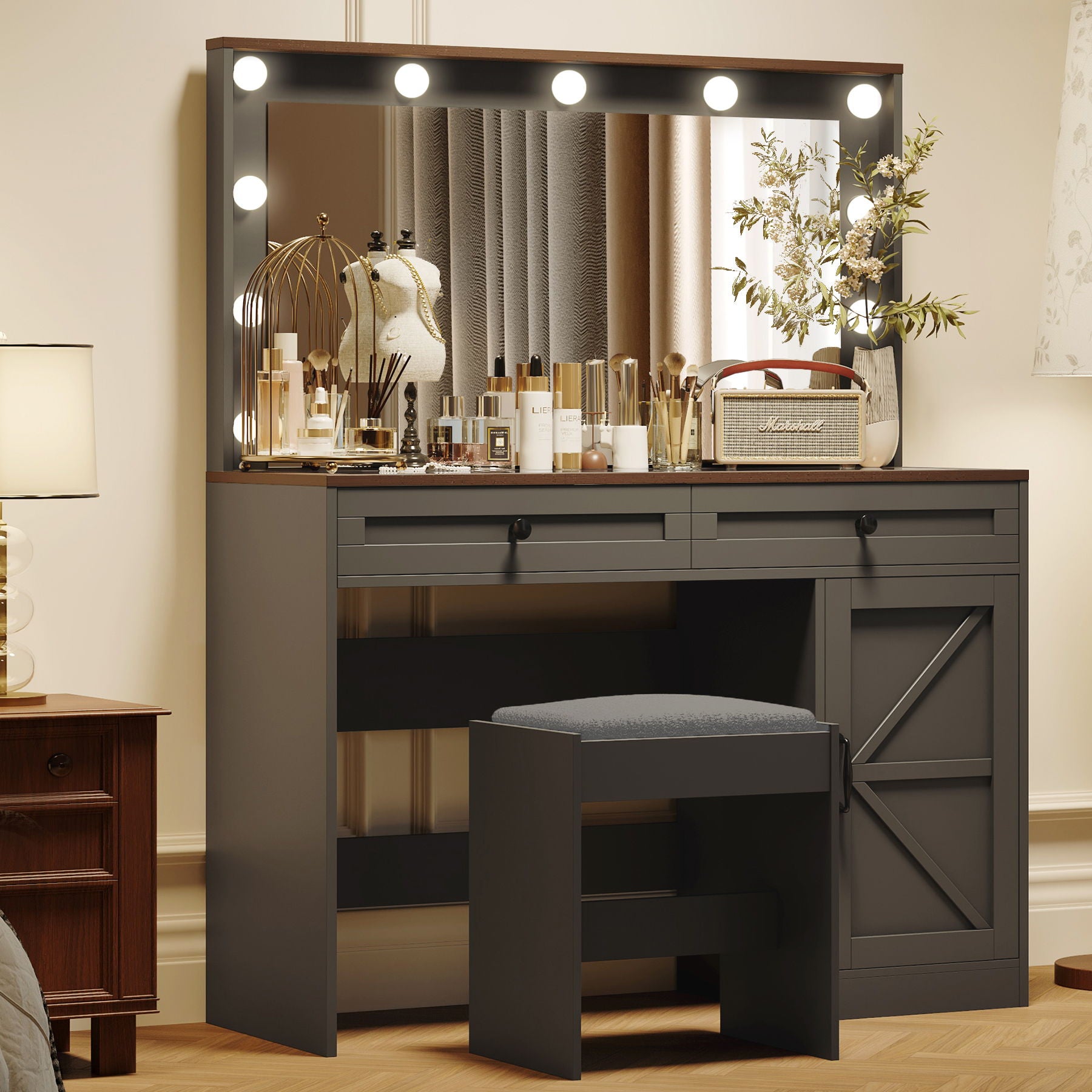 Makeup Vanity Table, Makeup Table With Large Mirror And 11 LED Light, Brightness Adjustable, Dressing Table Desk With 3 Drawers, Vanity Desk For Women (With Stool) - Black