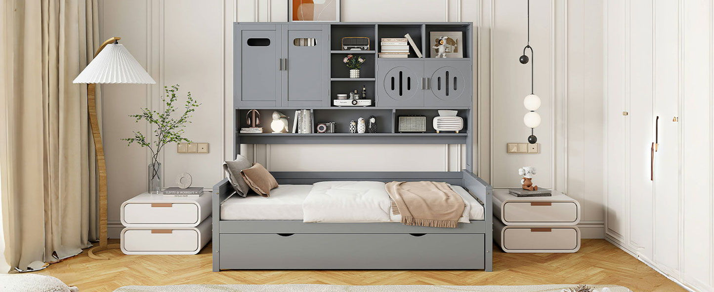 Twin Size Daybed With Twin Size Trundle, And All In One Cabinet And Shelf - Gray