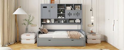 Twin Size Daybed With Twin Size Trundle, And All In One Cabinet And Shelf - Gray