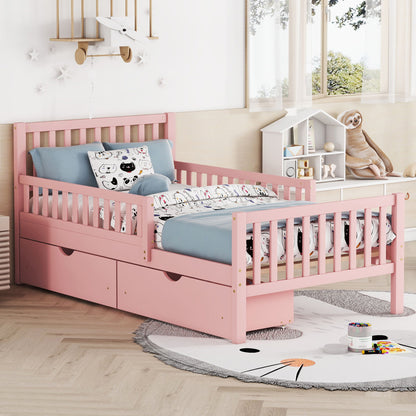 Twin Size Platform Bed With Guardrails On Both Sides And 2 Storage Drawers - Pink