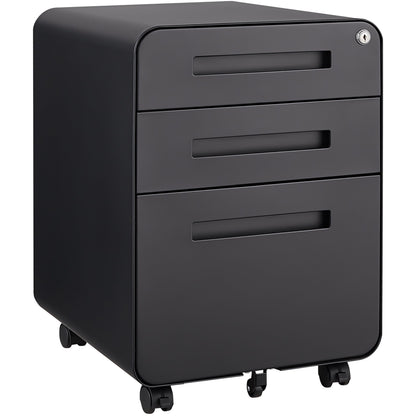 3 Drawer Mobile File Cabinet Under Desk Office, Simple Style Versatile Storage Cabinet For Legal / Letter / A4 Files, 5 Wheel Design Anti-Tilting Cold Rolled Steel Waterproof Moisture-Proof - Black
