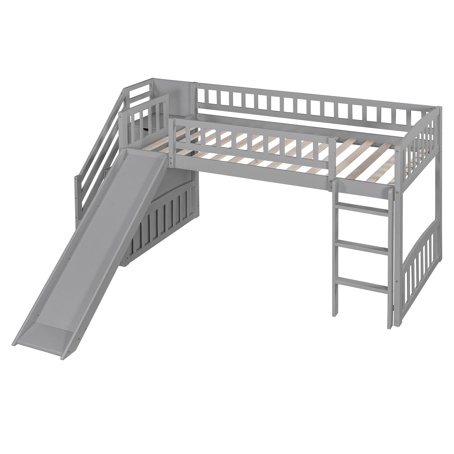 Twin Size Loft Stairway Bed With 2 Drawers And Slide - Gray