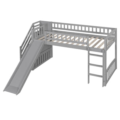 Twin Size Loft Stairway Bed With 2 Drawers And Slide - Gray