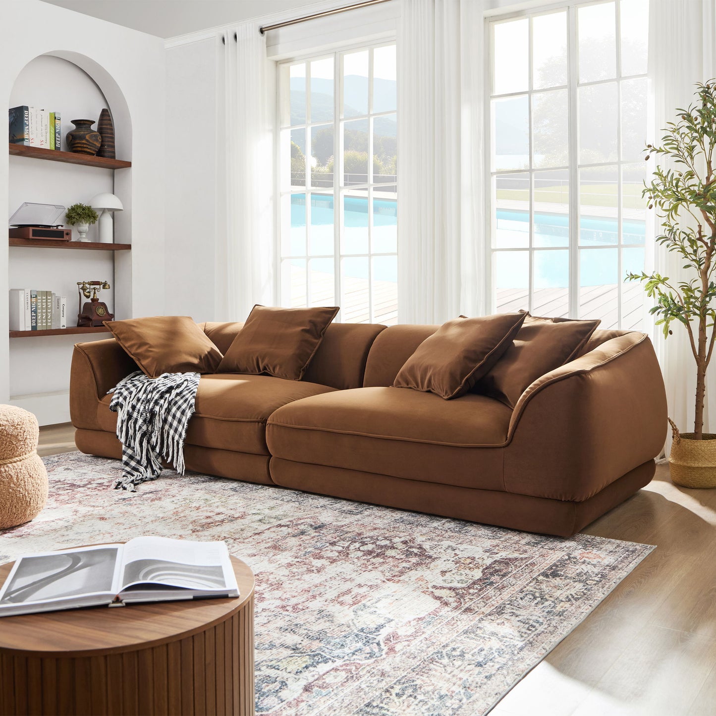 Nordic Modern Sofa With Detachable Pillowcase, French Velvet Fabric, Solid Wood Frame, High Density Sponge Filling - Camel