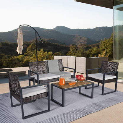 Modern 4 Piece Patio Furniture Set With Acacia Wood Table Top And Beige Cushions - Brown