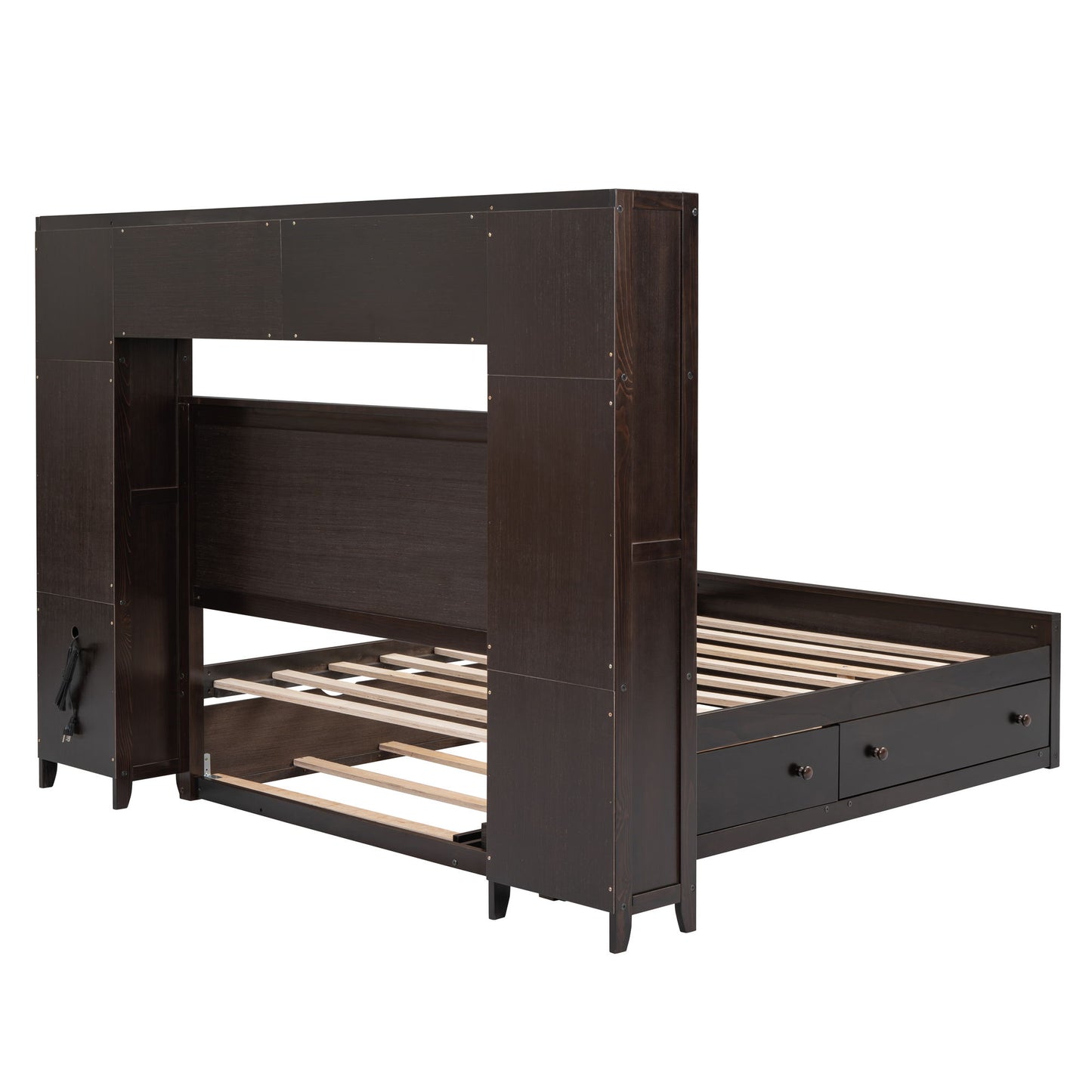 Full Size Bed With All In One Cabinet, Shelf And Sockets, Twin Size Trundle - Espresso
