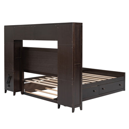 Full Size Bed With All In One Cabinet, Shelf And Sockets, Twin Size Trundle - Espresso
