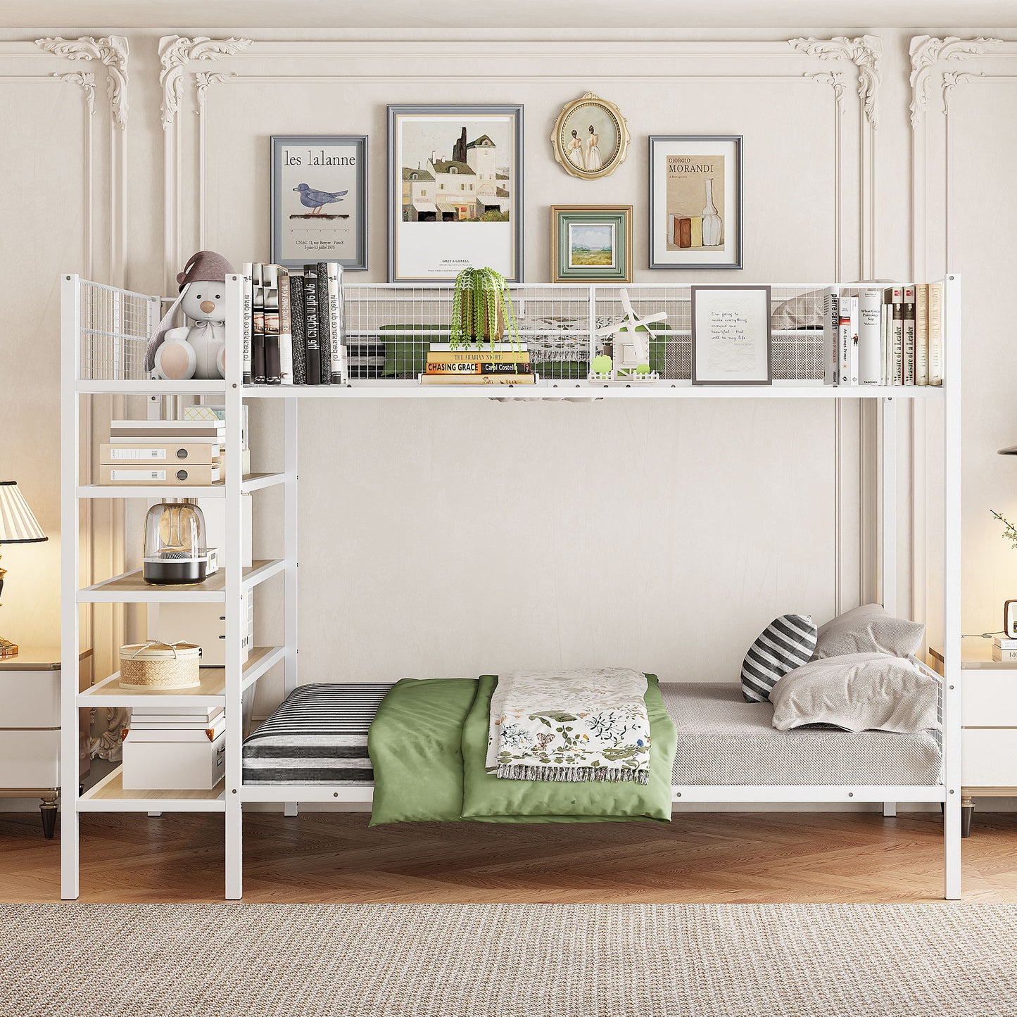 Twin Over Full Bunk Bed With 5 Tier Shelves - White