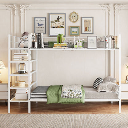 Twin Over Full Bunk Bed With 5 Tier Shelves - White