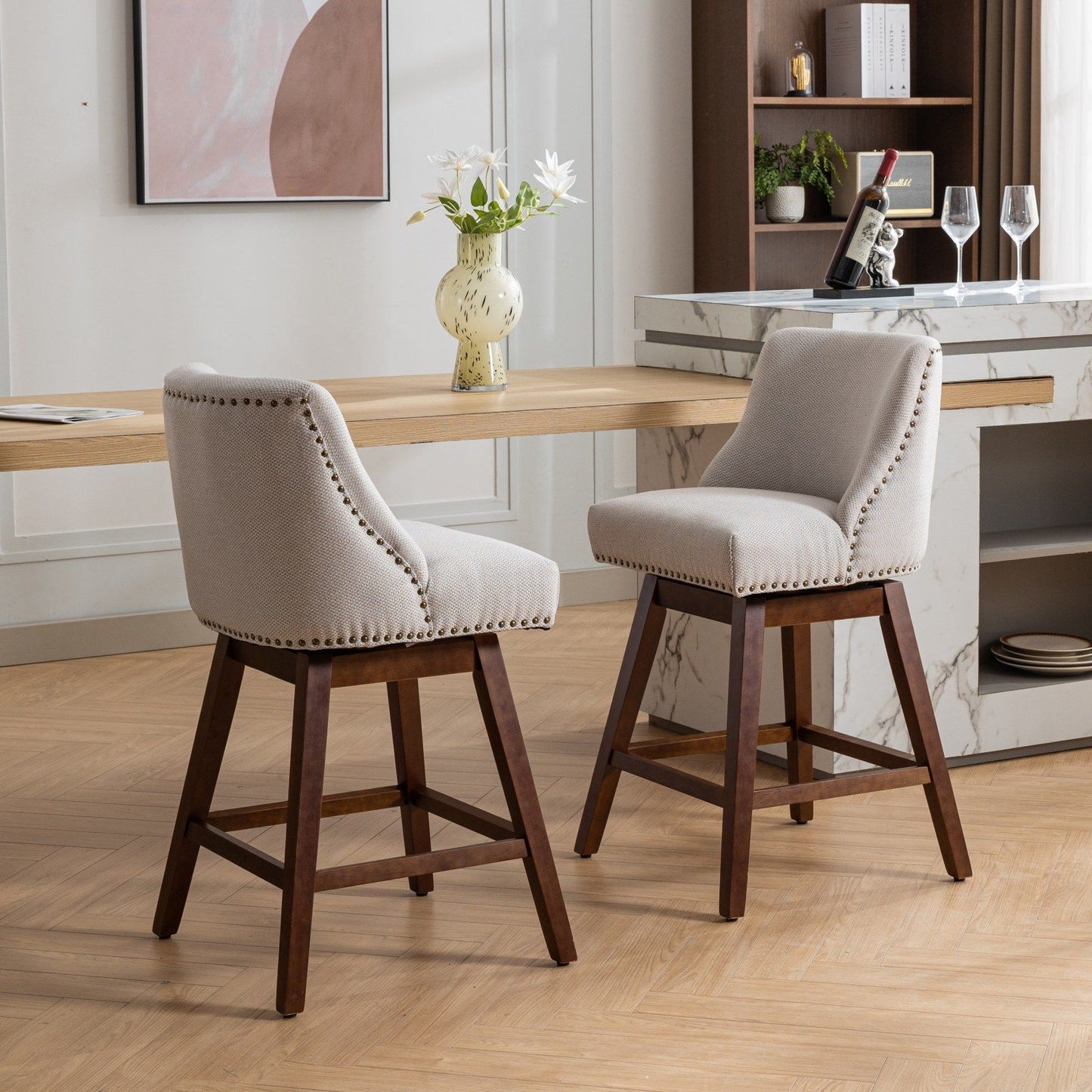 Counter Height Swivel Barstools, Upholstered Bar Stools (Set of 2) - Ivory