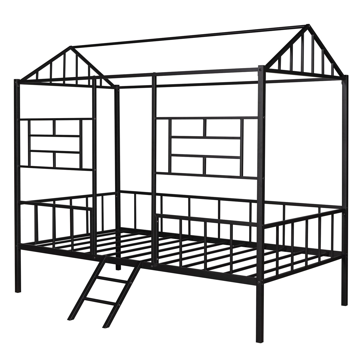 House Bed Frame Twin Size With Slatted Support No Box Spring Needed - Black