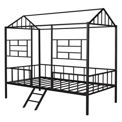 House Bed Frame Twin Size With Slatted Support No Box Spring Needed - Black