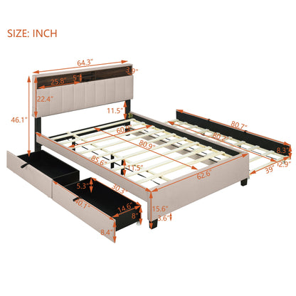 Queen Size Upholstered Platform Bed With Storage Headboard, Twin Long Size Trundle & 2 Drawers And A Set Of Sockets & USB Ports - Beige