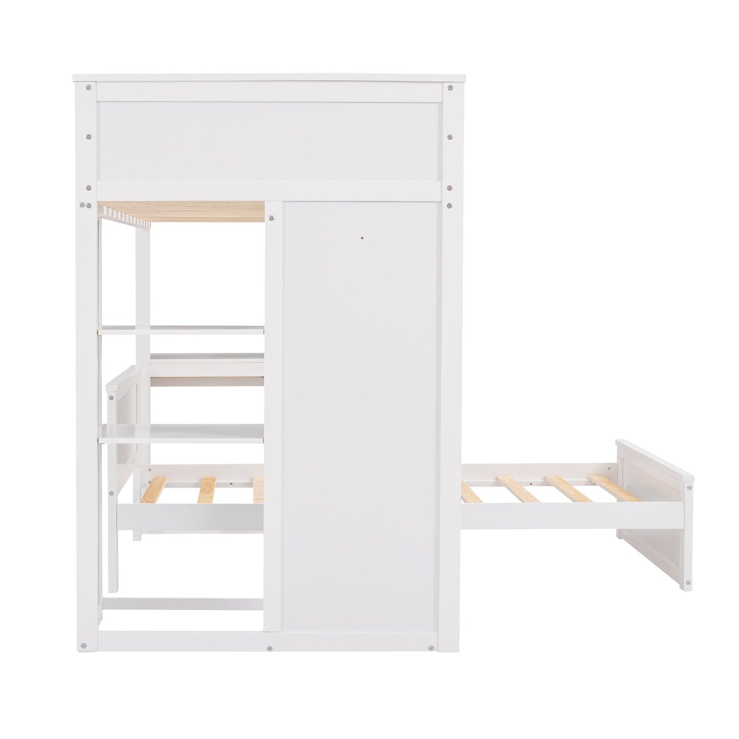 Twin Size Loft Bed With A Stand Alone Bed, Shelves, Desk, And Wardrobe - White