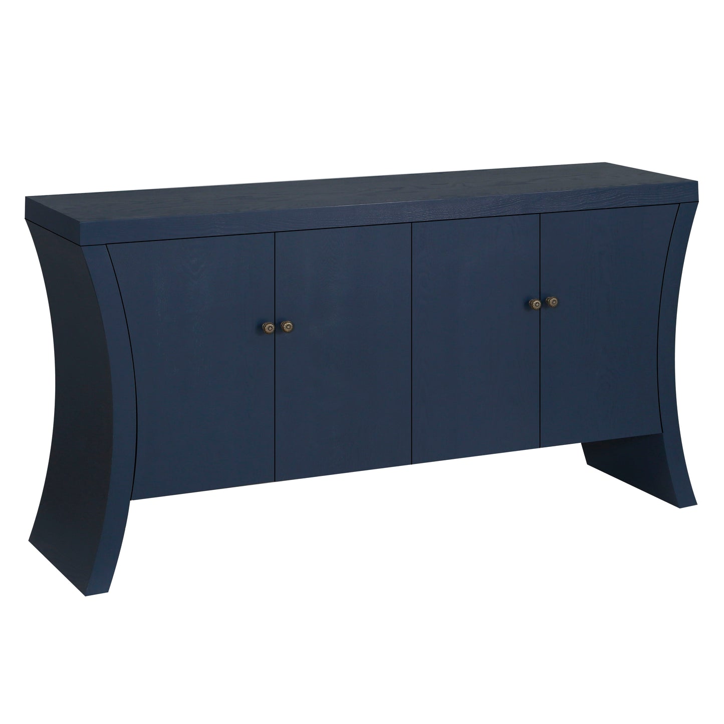 Refined Industrial 4 Door Credenza With Wooden Arc Legs & Bronze Clasps, Advanced Storage Design - Navy Blue