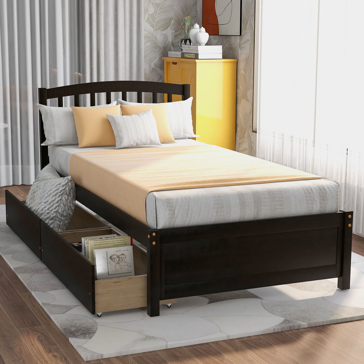 Twin Platform Storage Bed Frame With Two Drawers And Headboard - Espresso