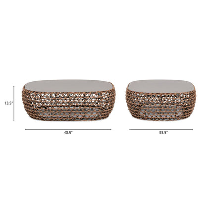 Willow - Oval Woven Patio Coffee Table, Wicker Frame - Wheat Beige / Golden Brown