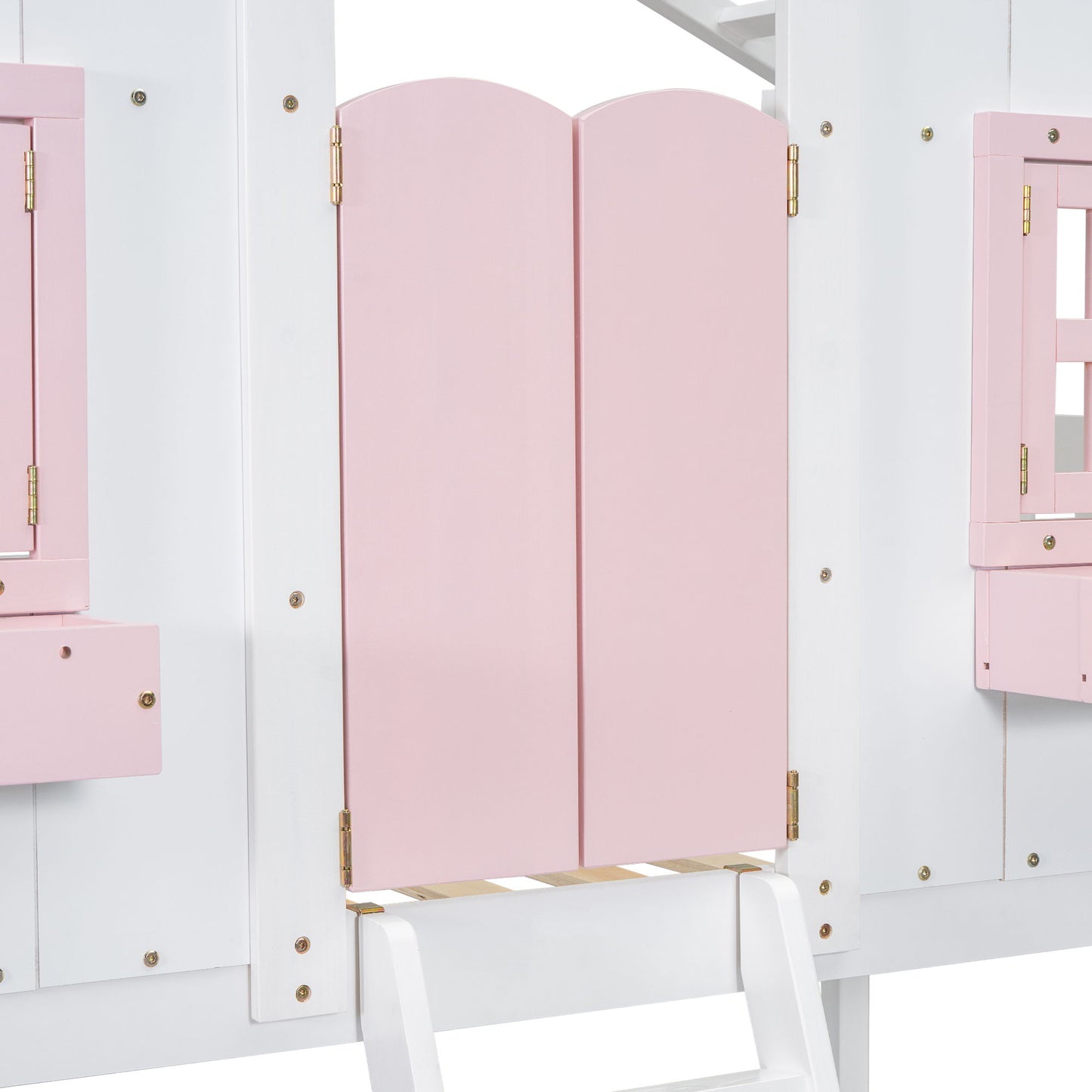 Twin Over Twin House Bunk Bed With Roof, Window, Window Box, Door, With Safety Guardrails And Ladder - Pink / White