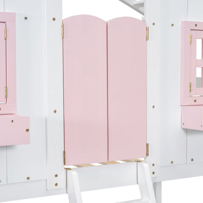 Twin Over Twin House Bunk Bed With Roof, Window, Window Box, Door, With Safety Guardrails And Ladder - Pink / White
